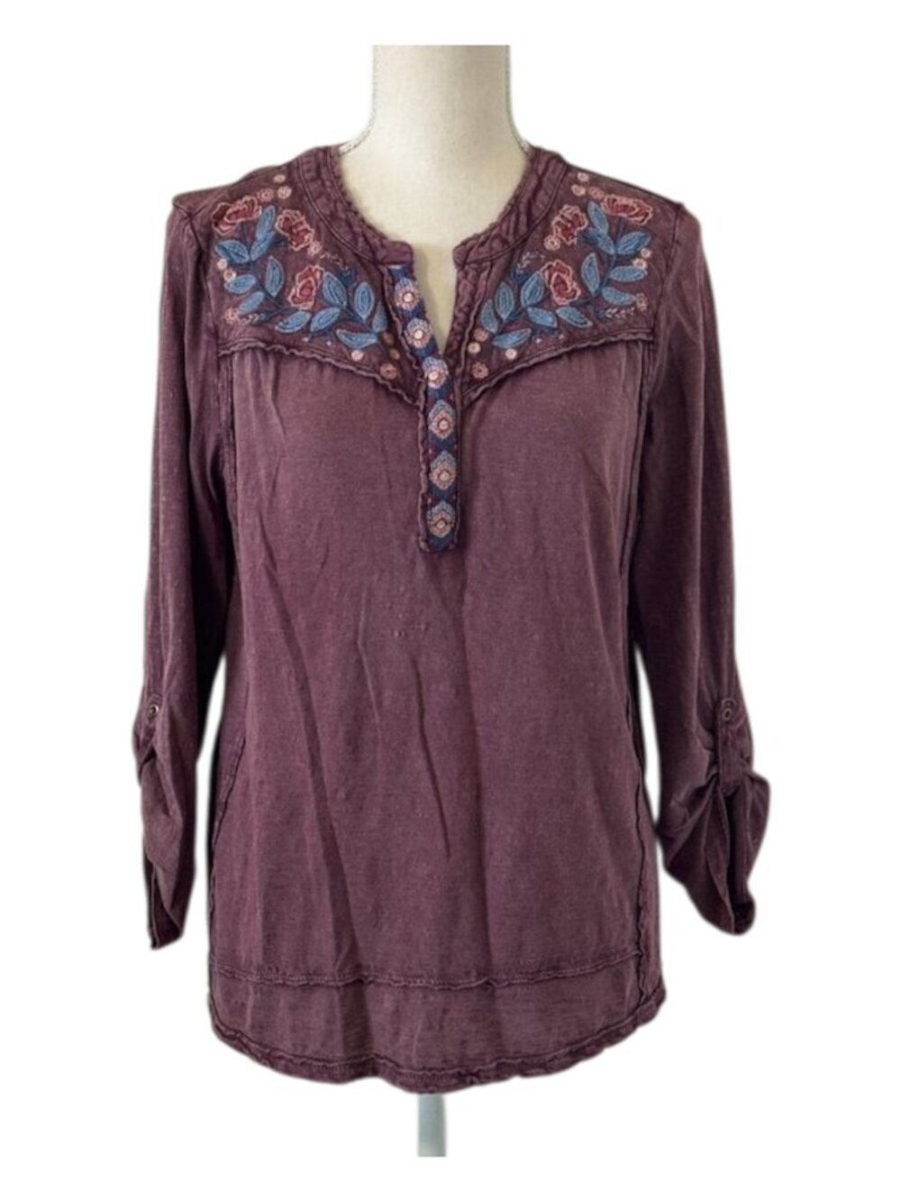 Style & Co Floral Embroidered Blouse Women's Size Petite Large Purple Distressed